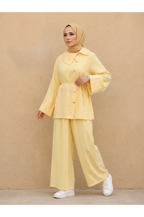 Çapraz Düğmeli Pantolonlu Takım-Sarı