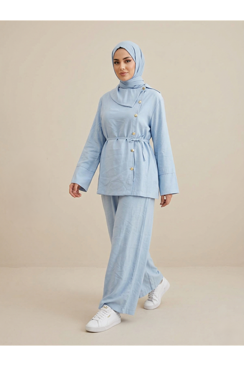 Çapraz Düğmeli Pantolonlu Takım-Bebe Mavisi