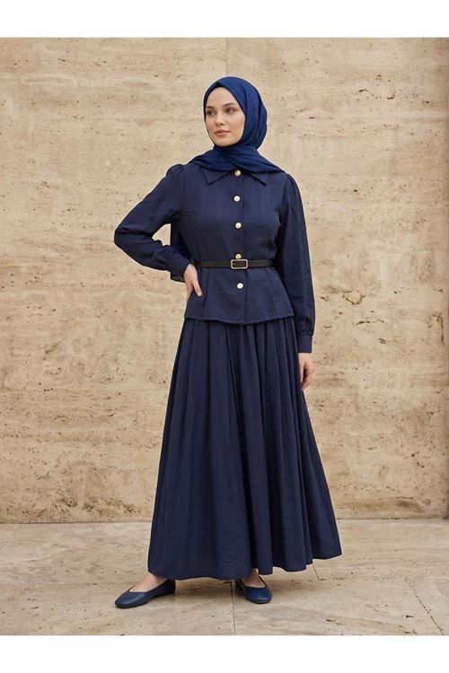 Ön Arka Pensli Kemer Detay Etekli Takım-Lacivert