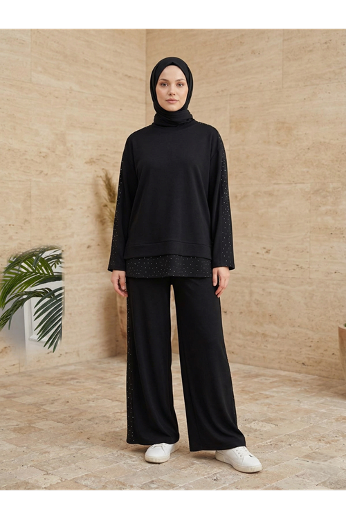 Taş Garnili Pantolonlu Takım-Siyah