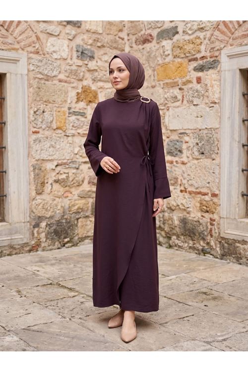 Omuz Pİle Toka DetayTensel  Elbise-Bordo