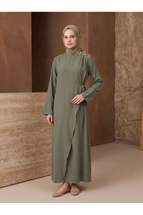 Omuz Pİle Toka DetayTensel  Elbise-Haki