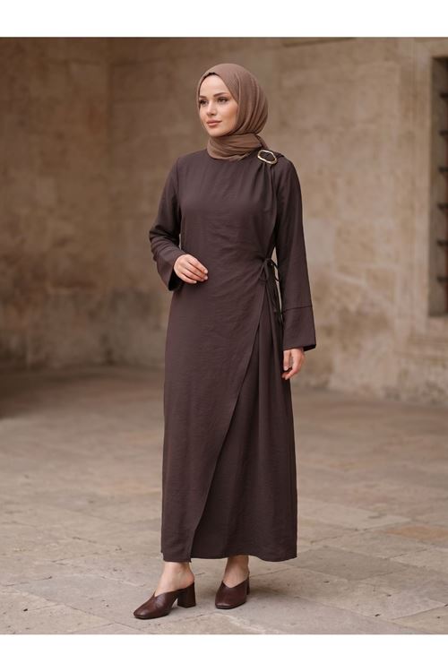 Omuz Pİle Toka DetayTensel  Elbise-Kahve