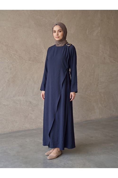 Omuz Pİle Toka DetayTensel  Elbise-Lacivert
