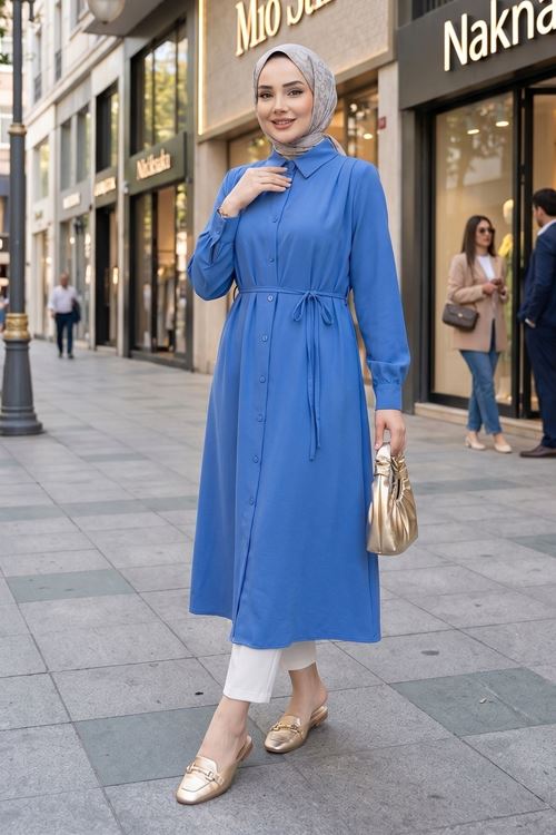 Arka Roba Omuz Pile Uzun Tunik-İndigo