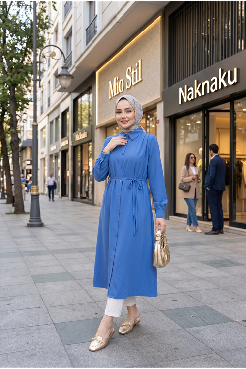 Arka Roba Omuz Pile Uzun Tunik-İndigo