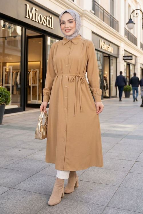 Arka Roba Omuz Pile Uzun Tunik-Karamel