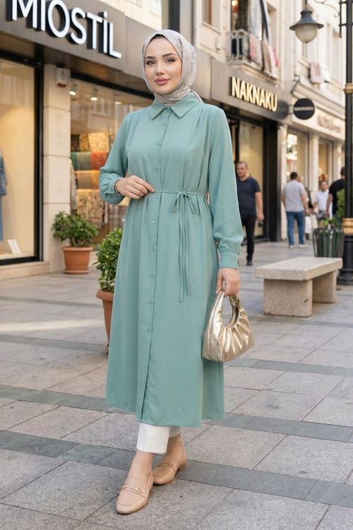 Arka Roba Omuz Pile Uzun Tunik-Mint