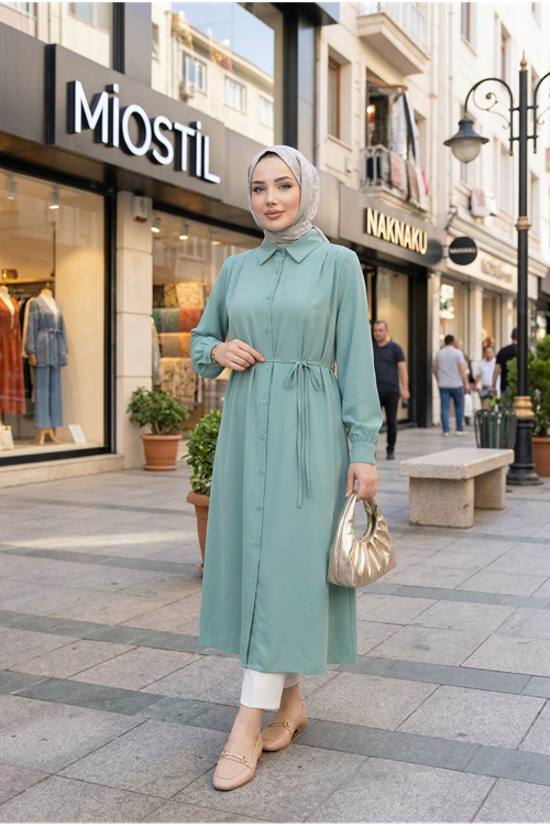 Arka Roba Omuz Pile Uzun Tunik-Mint