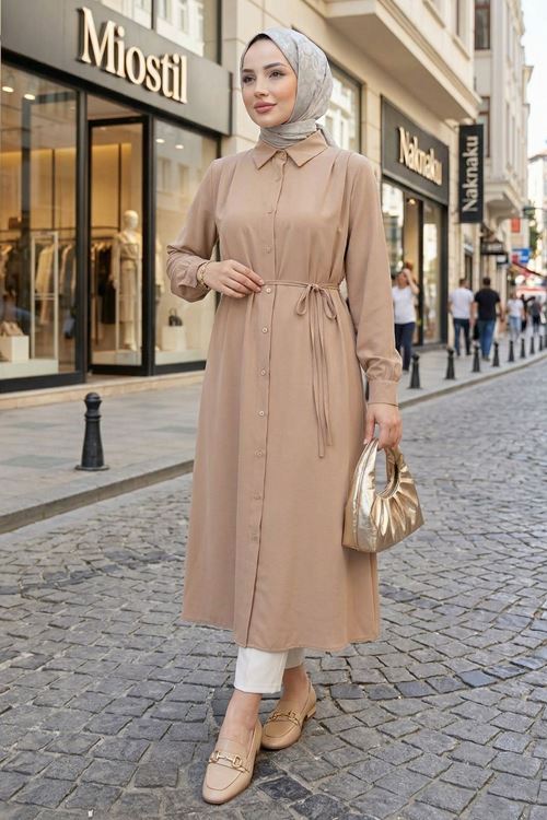 Arka Roba Omuz Pile Uzun Tunik-Pudra