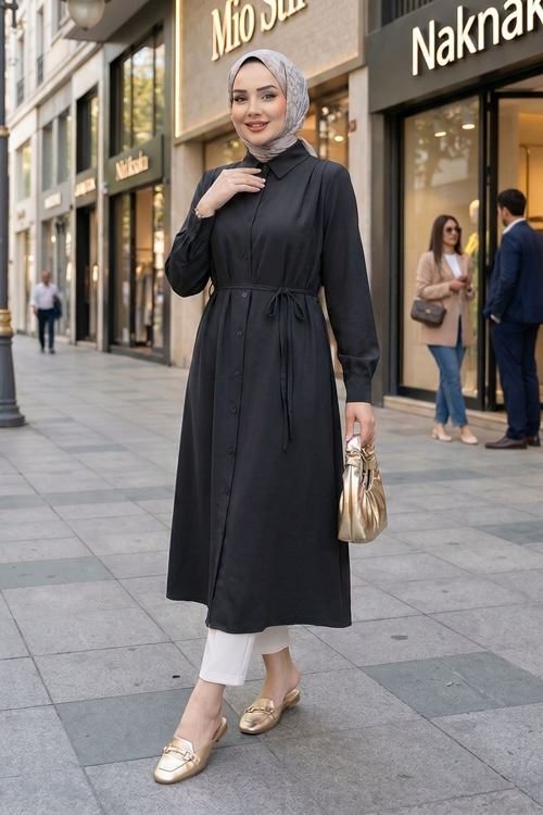 Arka Roba Omuz Pile Uzun Tunik-Siyah