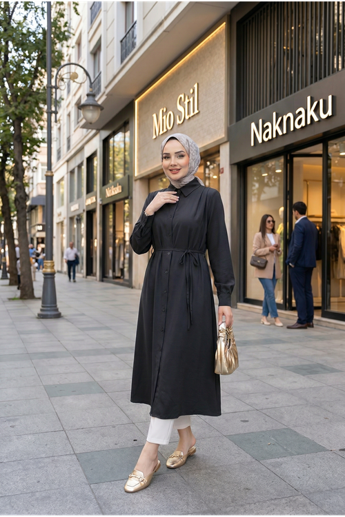 Kadın Tesettür Uzun Tunik Gömlek Yaka Boydan Düğmeli Arka Roba Omuz Pile Uzun Tesettür Tunik Siyah