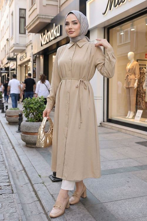 Arka Roba Omuz Pile Uzun Tunik-Taş