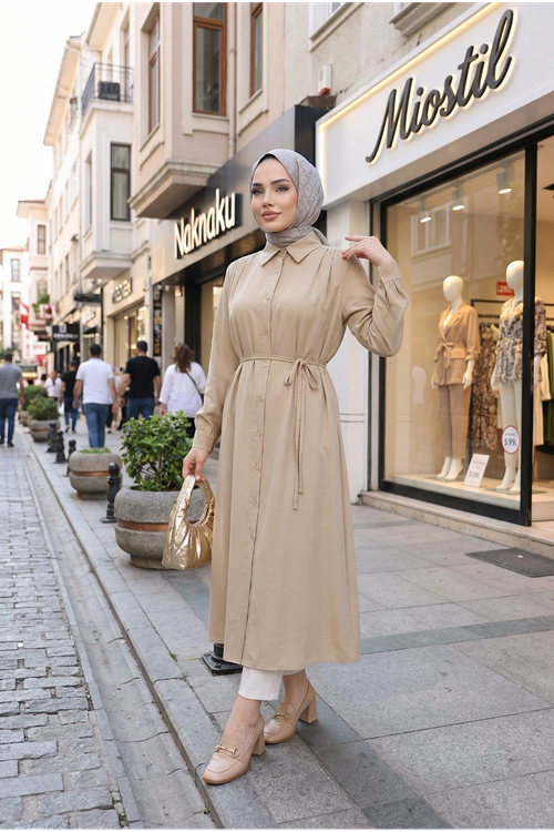 Arka Roba Omuz Pile Uzun Tunik-Taş