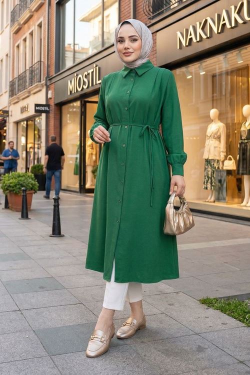 Arka Roba Omuz Pile Uzun Tunik-Zümrüt Yeşili