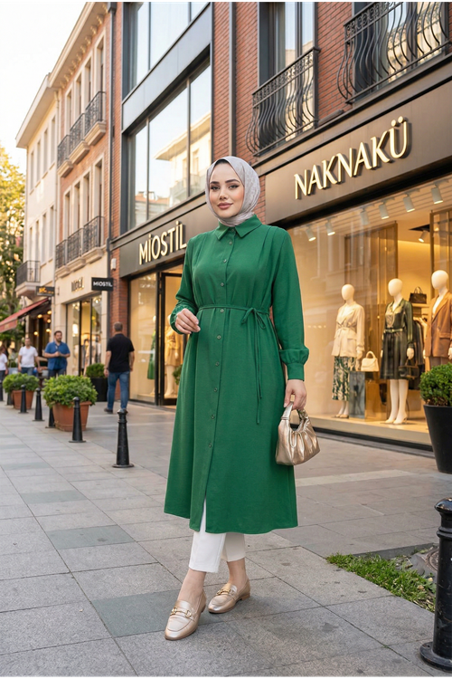 Arka Roba Omuz Pile Uzun Tunik-Zümrüt Yeşili