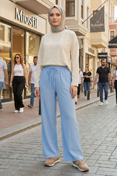 Cepli İp Detay Pantolon-Mavi