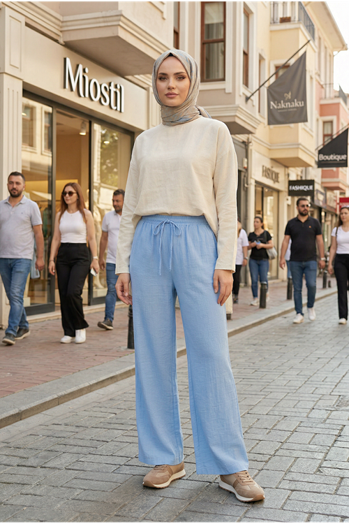 Cepli İp Detay Pantolon-Mavi