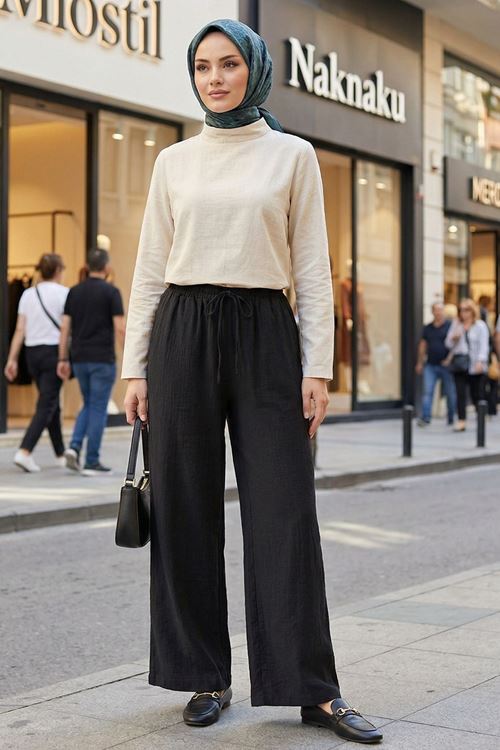 Cepli İp Detay Pantolon-Siyah