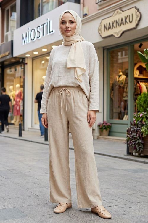 Cepli İp Detay Pantolon-Ekru