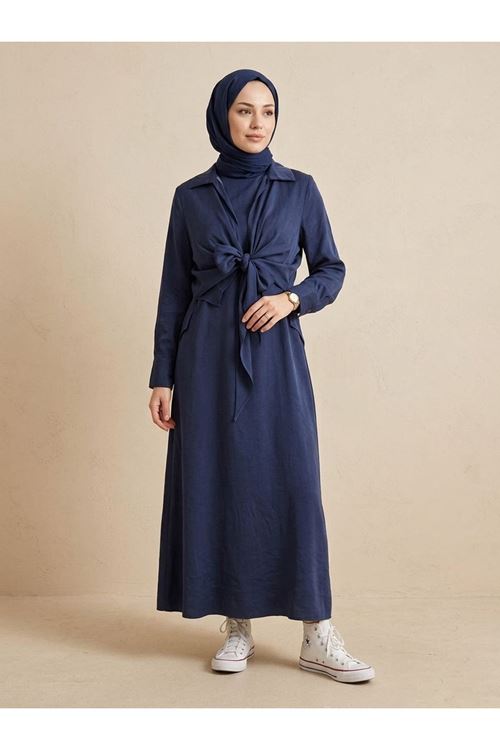 Yakalı Ön Bağlamalı İkili Elbise-Lacivert
