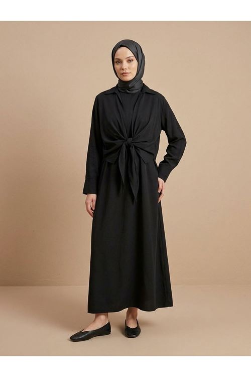 Yakalı Ön Bağlamalı İkili Elbise-Siyah