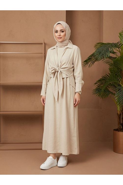Yakalı Ön Bağlamalı İkili Elbise-Taş