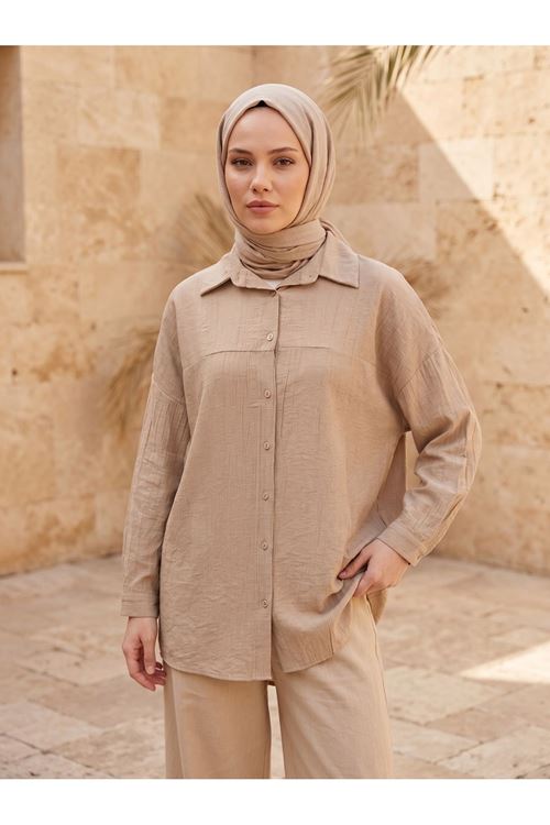 Kadın Vizon Tesettür Tunik Gömlek Düğmeli Rahat Kalıp Yazlık Kadın Trend Şık Tesettür Tunik