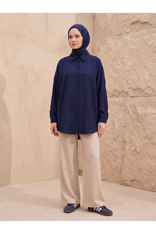 Kadın Lacivert Tesettür Tunik Gömlek Düğmeli Rahat Kalıp Yazlık Kadın Trend Şık Tesettür Tunik