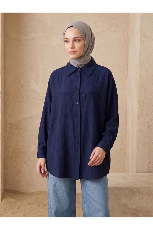 Kadın Lacivert Tesettür Tunik Gömlek Düğmeli Rahat Kalıp Yazlık Kadın Trend Şık Tesettür Tunik