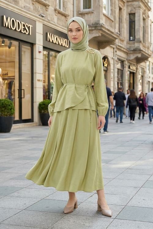 Omuz Aksesuar Pile Detay Etekli Takım-YAĞ YEŞİLİ