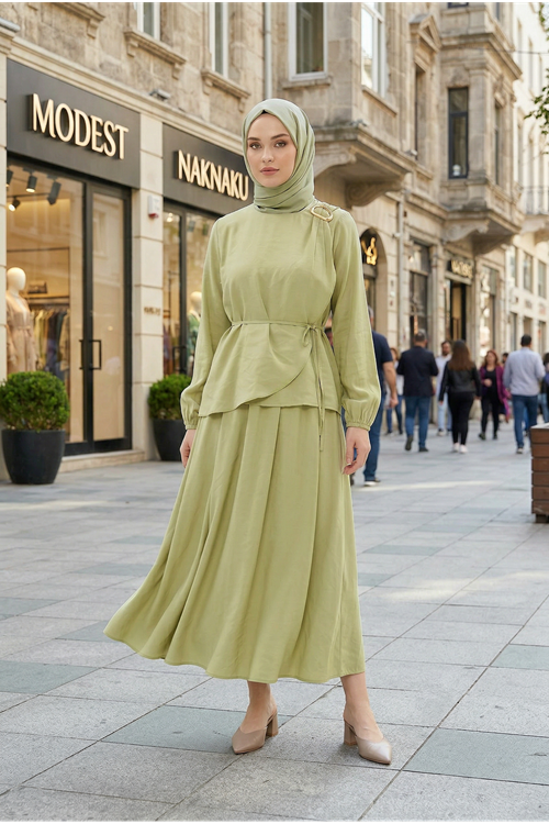 Omuz Aksesuar Pile Detay Etekli Takım-YAĞ YEŞİLİ