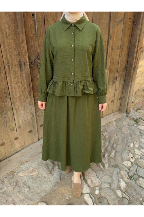 Kadın Haki Gömlek Yaka Tunik Büzgü Detay Etekli Tesettür Alt Üst Etekli Takım