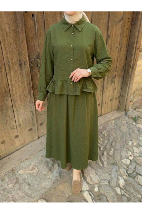 Kadın Haki Gömlek Yaka Tunik Büzgü Detay Etekli Tesettür Alt Üst Etekli Takım