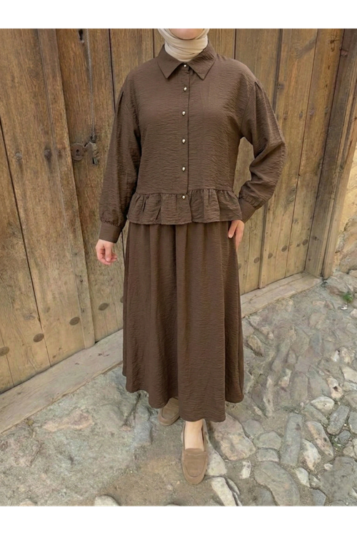 Kadın Kahve Gömlek Yaka Tunik Büzgü Detay Etekli Tesettür Alt Üst Etekli Takım