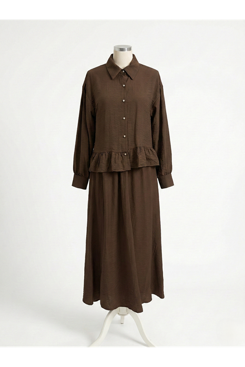 Kadın Kahve Gömlek Yaka Tunik Büzgü Detay Etekli Tesettür Alt Üst Etekli Takım