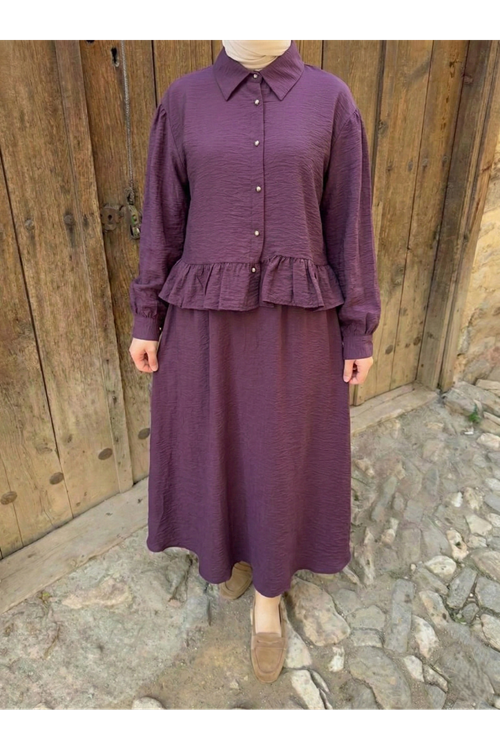 Kadın Mürdüm Gömlek Yaka Tunik Büzgü Detay Etekli Tesettür Alt Üst Etekli Takım