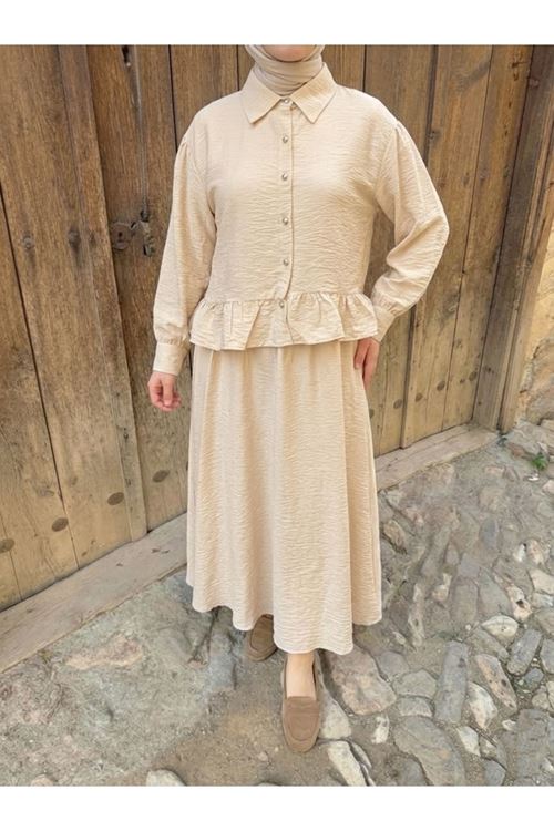 Kadın Taş Gömlek Yaka Tunik Büzgü Detay Etekli Tesettür Alt Üst Etekli Takım