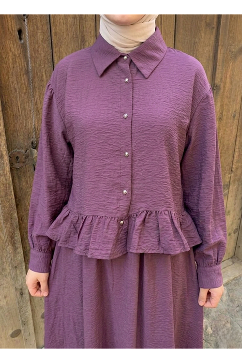 Kadın Mürdüm Gömlek Yaka Tunik Büzgü Detay Etekli Tesettür Alt Üst Etekli Takım