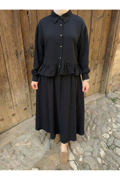 Kadın Siyah Gömlek Yaka Tunik Büzgü Detay Etekli Tesettür Alt Üst Etekli Takım