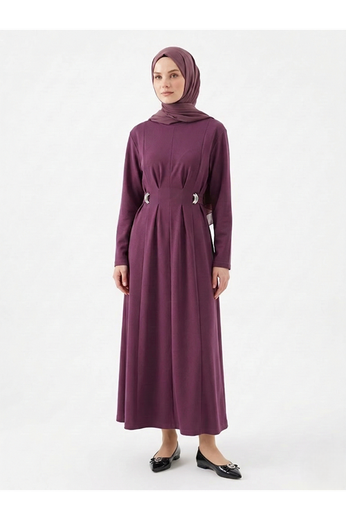 Önü Pensli Kuşak Aksesuar Detay Elbise-Gül Kurusu