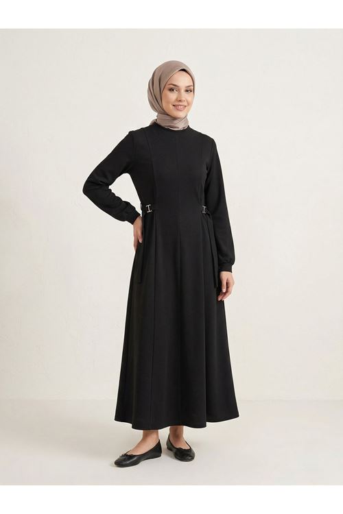 Kuşak Toka Detay Elbise-Siyah