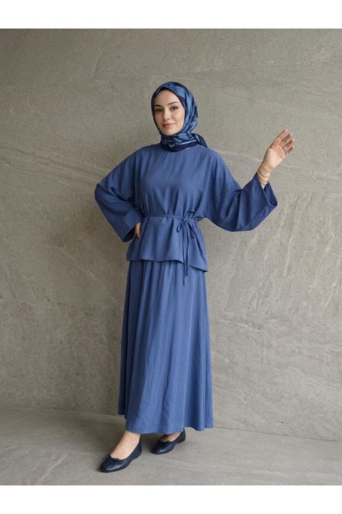 Arka Fermuarlı Etekli Takım-İndigo