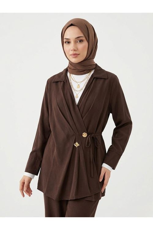 Çift Düğmeli Bağcıklı Tunik-Kahve
