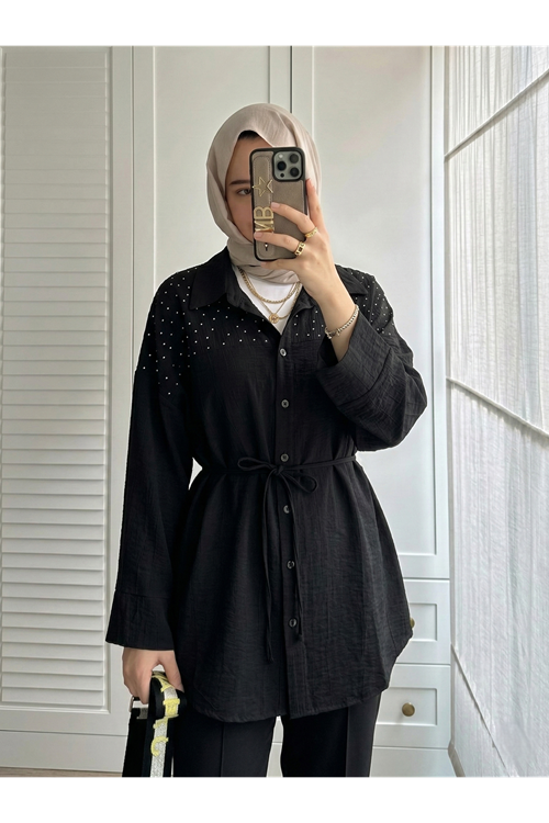 Kadın Siyah Yeni Sezon Roba Taş Detaylı Kuşaklı Tesettür Tunik Düğmeli Şık Günlük Kadın Tunik