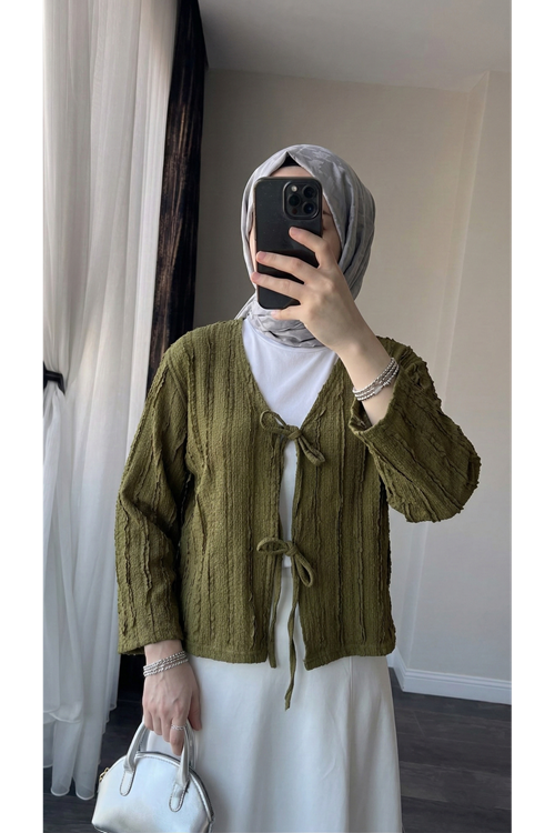 Pileli Ön İki Bağlamalı Tunik-YAĞ YEŞİLİ