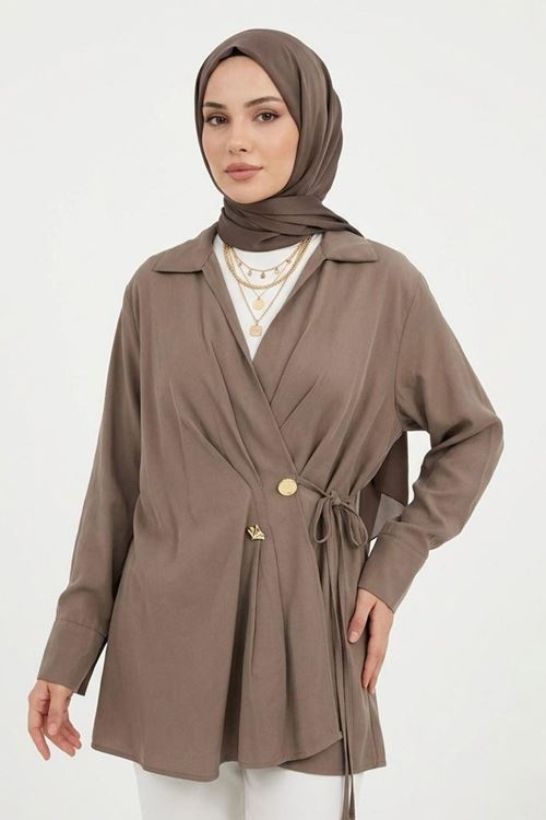 Kadın Vizon Kruvaze Yandan Bağlamalı Tesettür Tunik Şık Modern Ofis Günlük Kadın Tunik