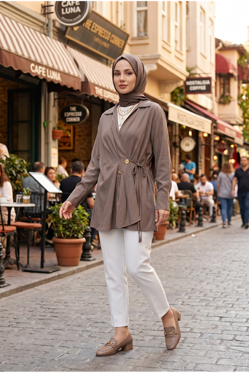 Kadın Vizon Kruvaze Yandan Bağlamalı Tesettür Tunik Şık Modern Ofis Günlük Kadın Tunik