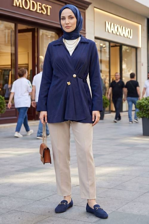 Kadın Lacivert Kruvaze Yandan Bağlamalı Tesettür Tunik Şık Modern Ofis Günlük Kadın Tunik