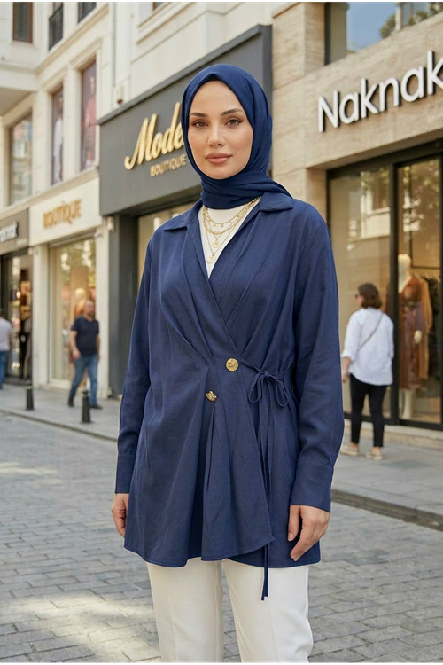 Kadın Lacivert Kruvaze Yandan Bağlamalı Tesettür Tunik Şık Modern Ofis Günlük Kadın Tunik